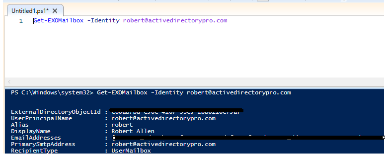Get-EXOMailbox returning a mailbox, confirming the session is connected