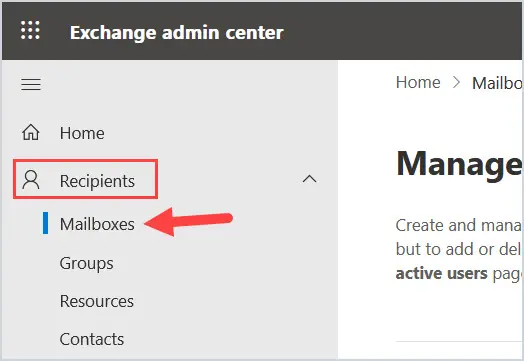 Exchange admin center recipients menu with Mailboxes selected