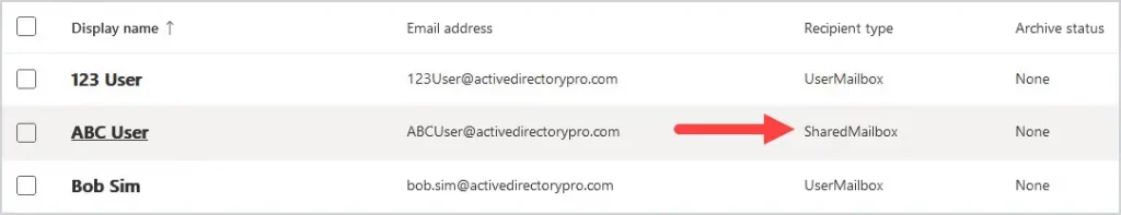Mailbox list showing the recipient type is now SharedMailbox