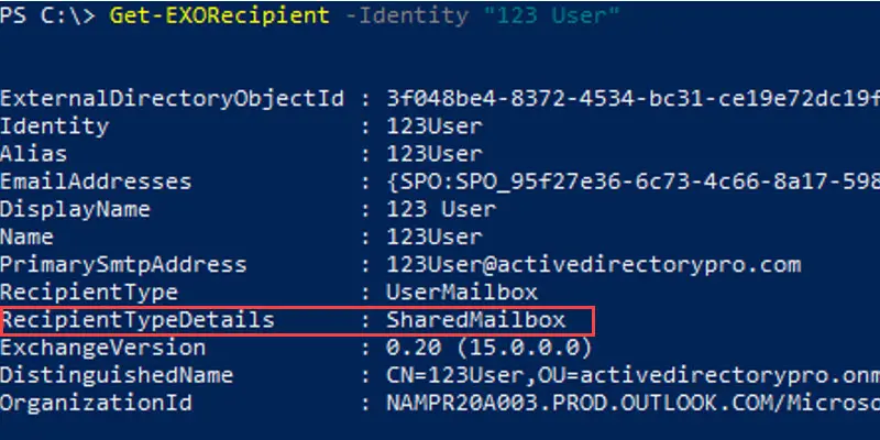 Get-EXORecipient output showing the full recipient detail for the mailbox