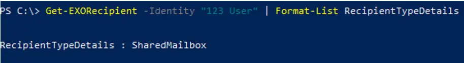 RecipientTypeDetails field confirming the mailbox is now shared