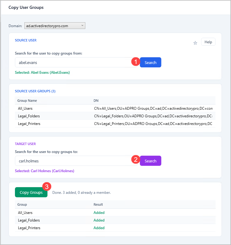 Toolkit showing the source account's groups and the ones added to the target