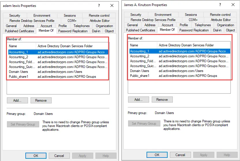 Both accounts compared, showing identical group membership after the copy