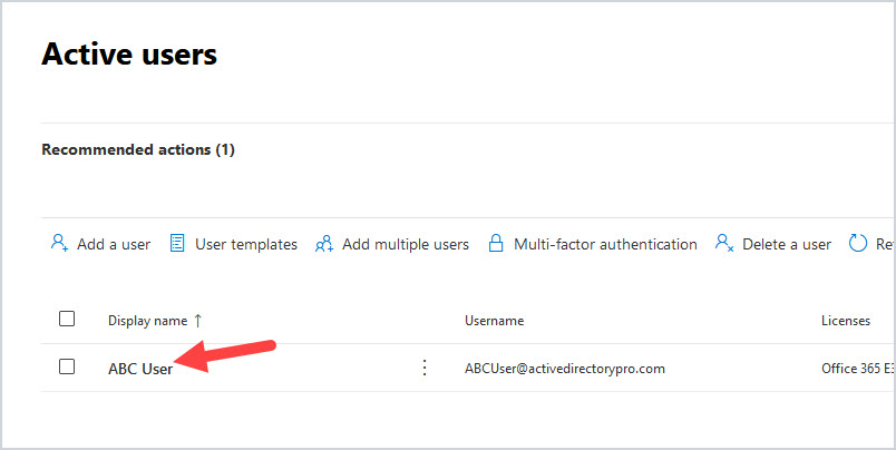 Microsoft 365 admin center active users list with User selected