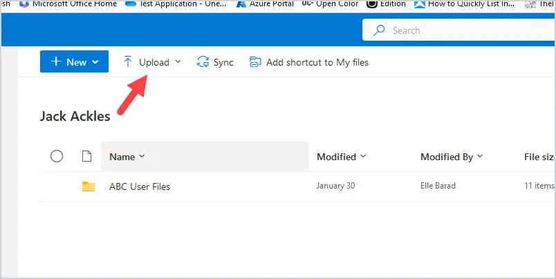 Upload button at the top of the target user's OneDrive