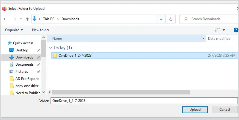 Folder picker used to select the extracted OneDrive folder for upload