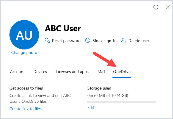 User profile pane in the admin center with the OneDrive tab selected