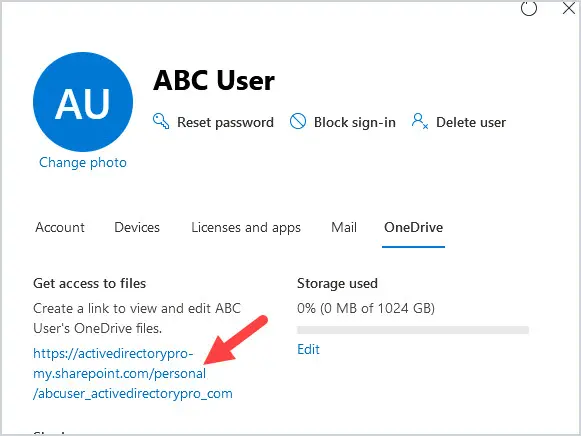 Link to the user's OneDrive location displayed on the OneDrive tab