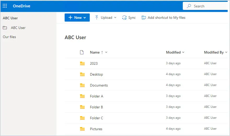 Files and folders listed in the source user's OneDrive