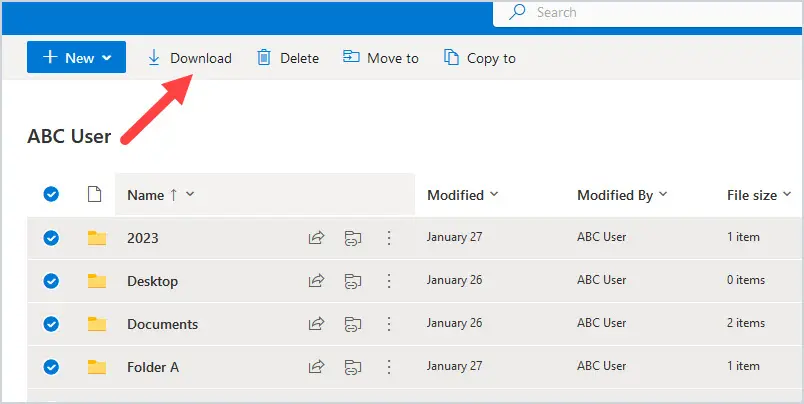 Download button in the OneDrive command bar with all files selected