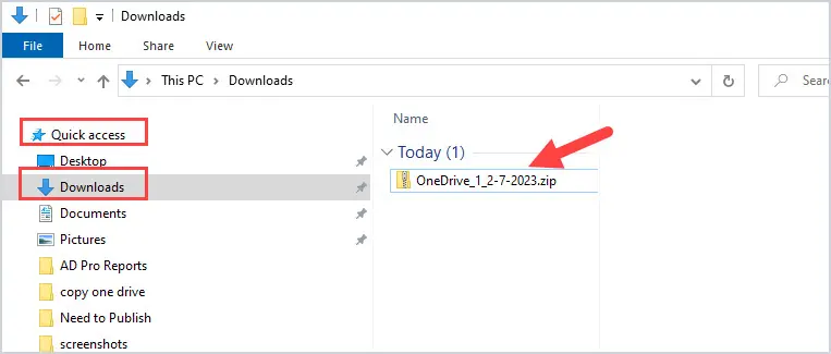 Downloaded OneDrive zip file in the Downloads folder in File Explorer