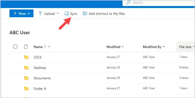 Sync button in the OneDrive command bar with no files selected