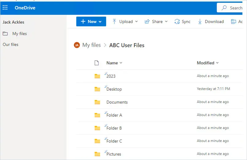 Copied files shown in the target user's OneDrive in the browser