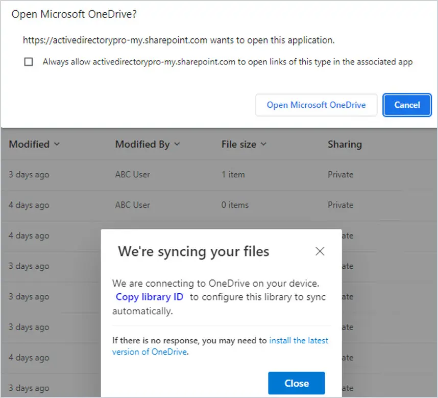 Browser prompt asking for permission to open Microsoft OneDrive
