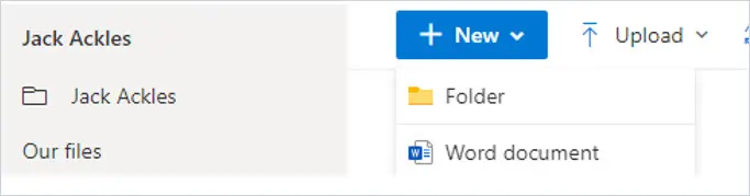 New menu open in OneDrive with the Folder option