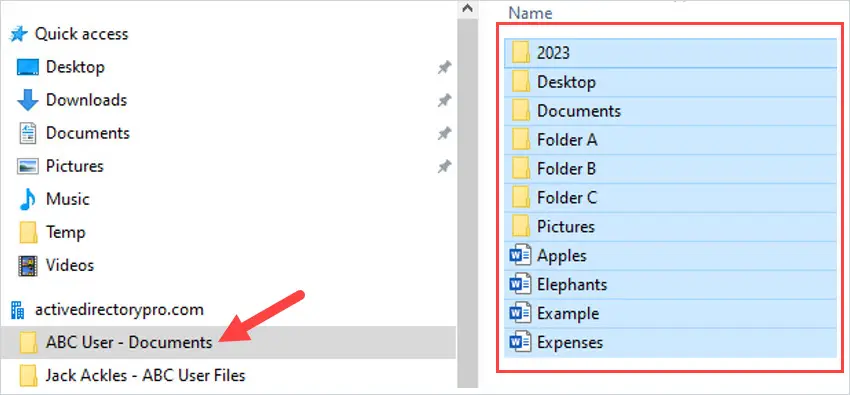 All files selected in the User Documents synced folder in File Explorer