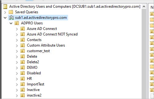 Target domain showing the copied OU structure in Active Directory