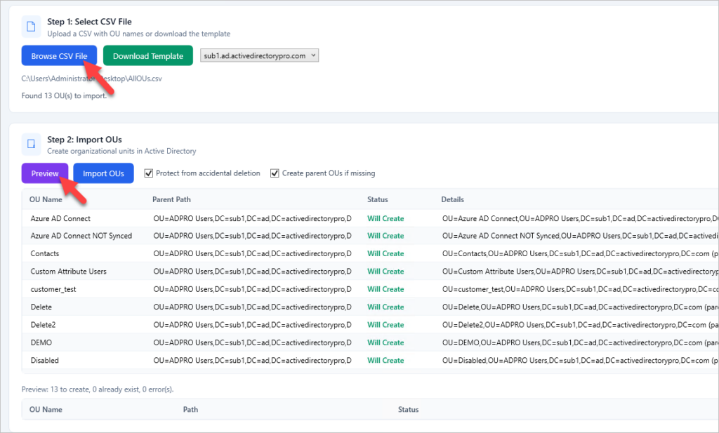Import preview listing the OUs to be created with the parent OU option