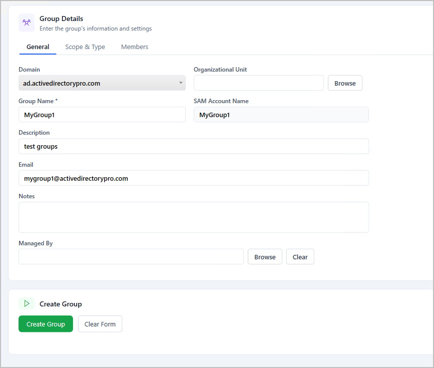 Create Single Group form with the scope, type, and members set