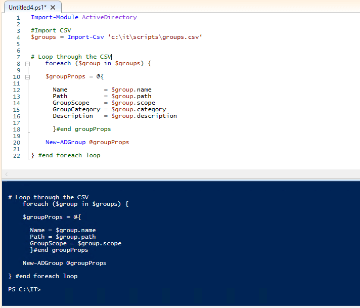 Bulk group import script open in PowerShell ISE