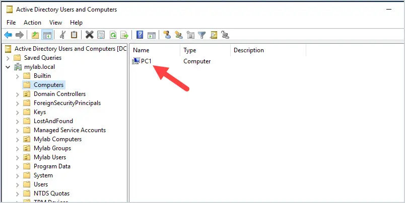 ADUC Computers container showing the newly joined computer object