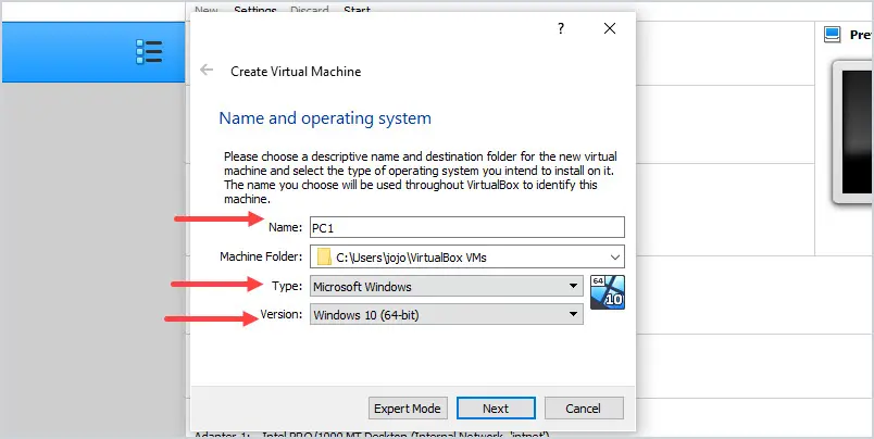 New VirtualBox machine created for the Windows 10 client