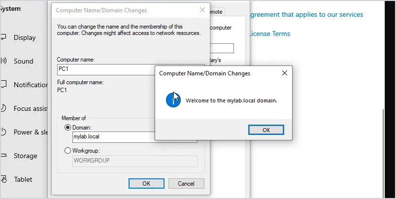 Welcome message confirming the computer joined the domain