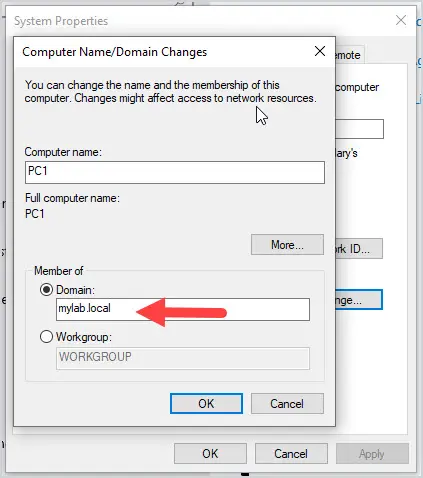 Computer name changes dialog with the lab domain name entered