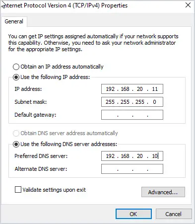 Windows 10 IPv4 settings with a static address and the domain controller as DNS