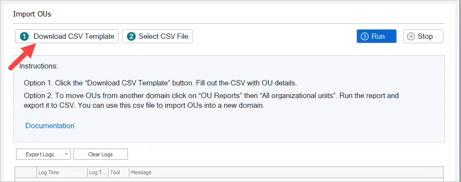 Import OUs tool with the download CSV template option