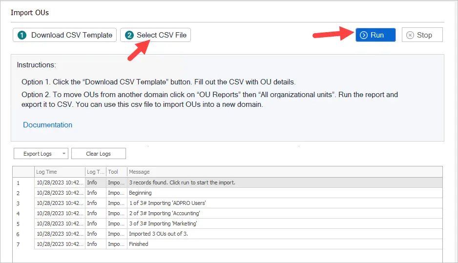 Import OUs tool with the CSV file selected and ready to run