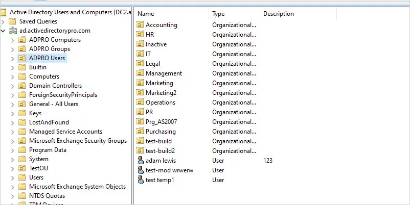 Active Directory before the script runs, without the new OU