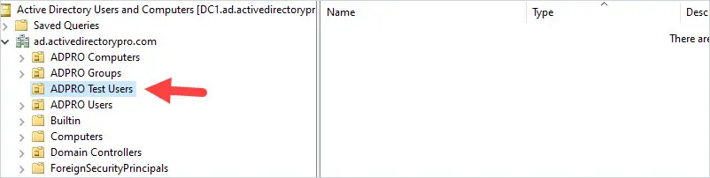 Active Directory refreshed, now showing the newly created OU