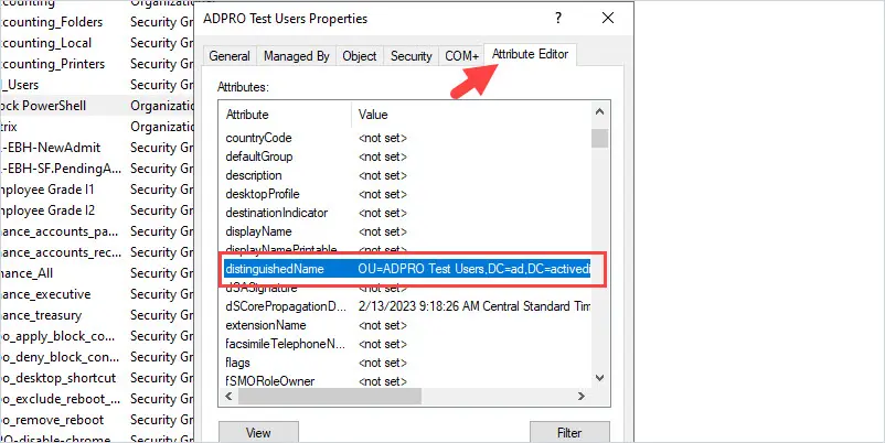 Attribute editor showing the distinguishedName to use as the CSV path