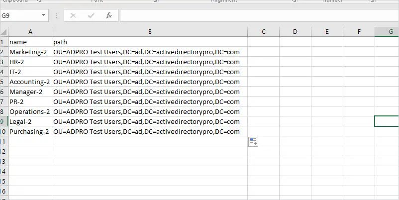 CSV filled in with department OU names and the path to create them under