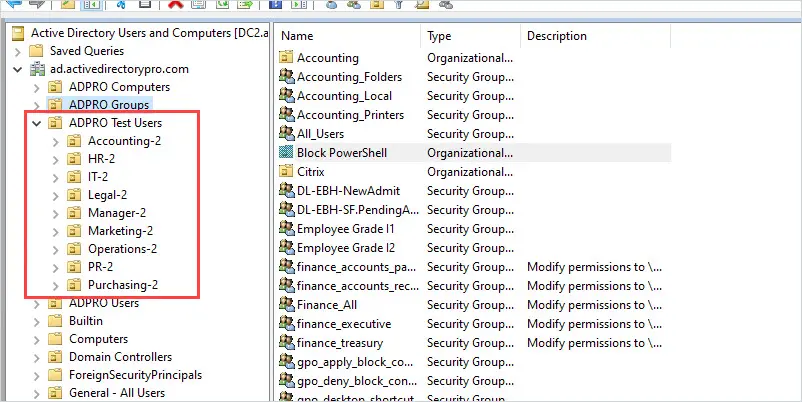 Active Directory showing all the OUs created by the script