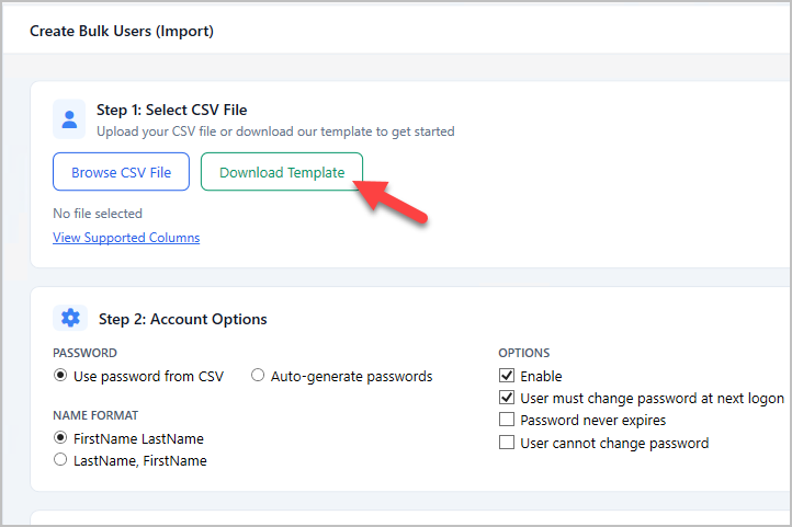 Create Bulk Users tool with the download template button