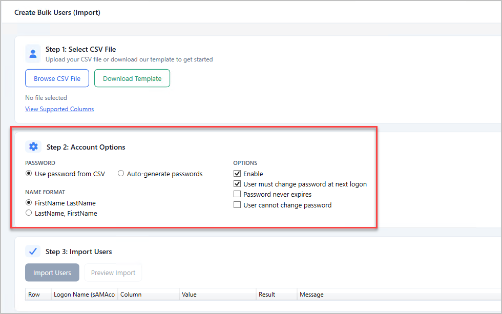 Account options box for password source, name format, and account flags