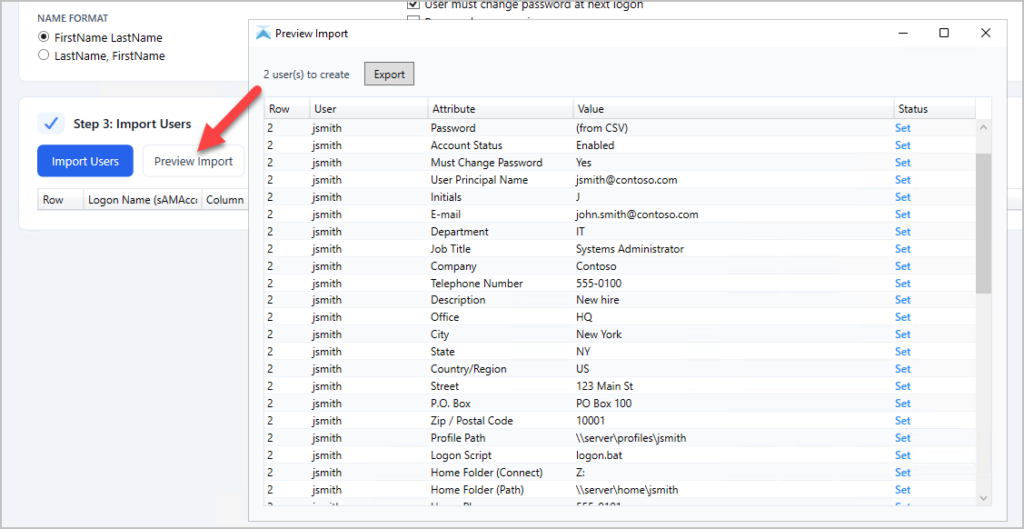 Preview listing the accounts that will be created from the CSV