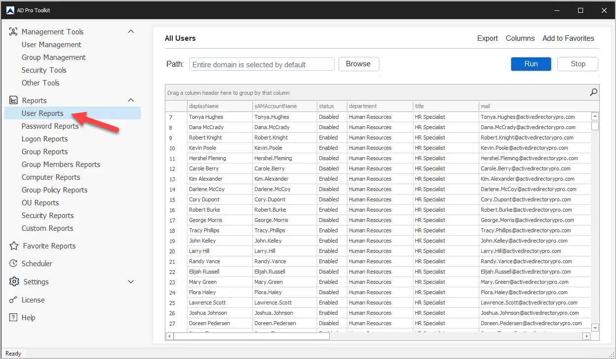 User export tool listing the newly created accounts with selectable columns