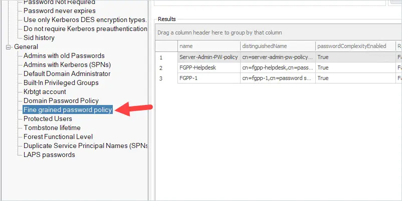 Reporting tool with the Fine grained password policy report selected under Security