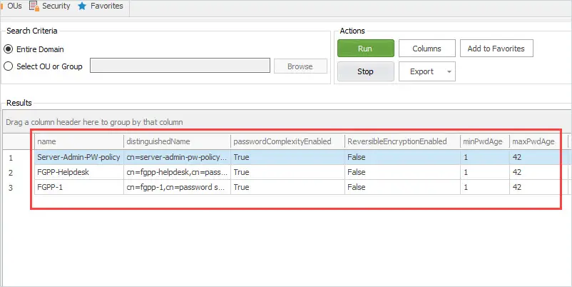Report results listing the three fine grained password policies in the domain