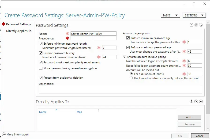enter password policy settings