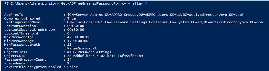 Get-ADFineGrainedPasswordPolicy output listing the domain's policies
