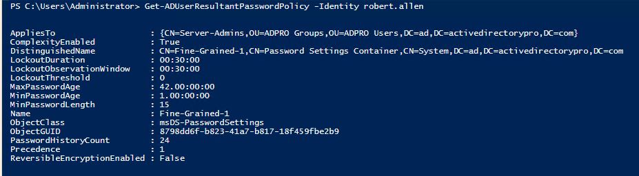 Resultant password policy returned for a single user