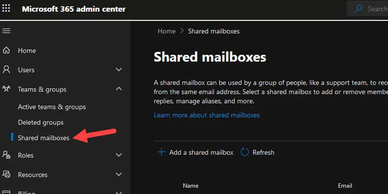 Microsoft 365 admin center with Teams and groups expanded and Shared mailboxes selected