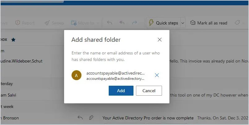 Add shared folder dialog with the shared mailbox email address entered