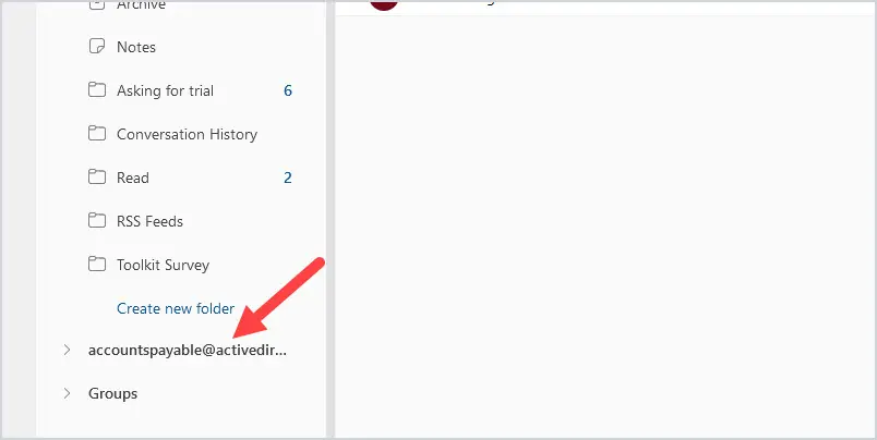Outlook on the web left navigation pane with the shared mailbox added below the user's folders