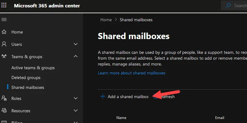 Shared mailboxes page with the Add a shared mailbox button