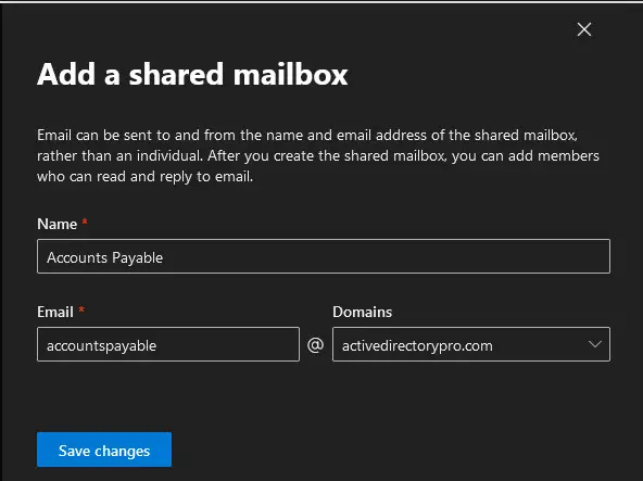 Add a shared mailbox panel with a display name entered and the email address populated automatically